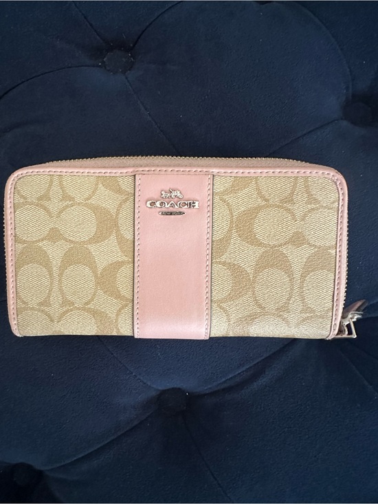 Coach Handbags - Coach Tan Signature Canvas Wallet with Pink Trim
